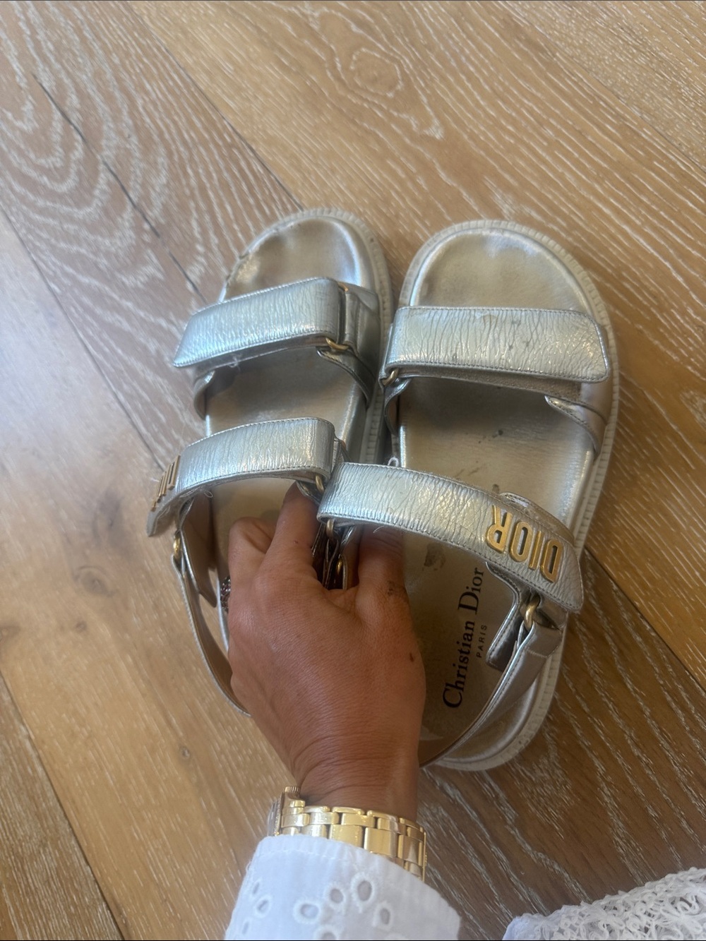 Dior Kids Metallic Silver Velcro Strap Sandals with Gold Logo